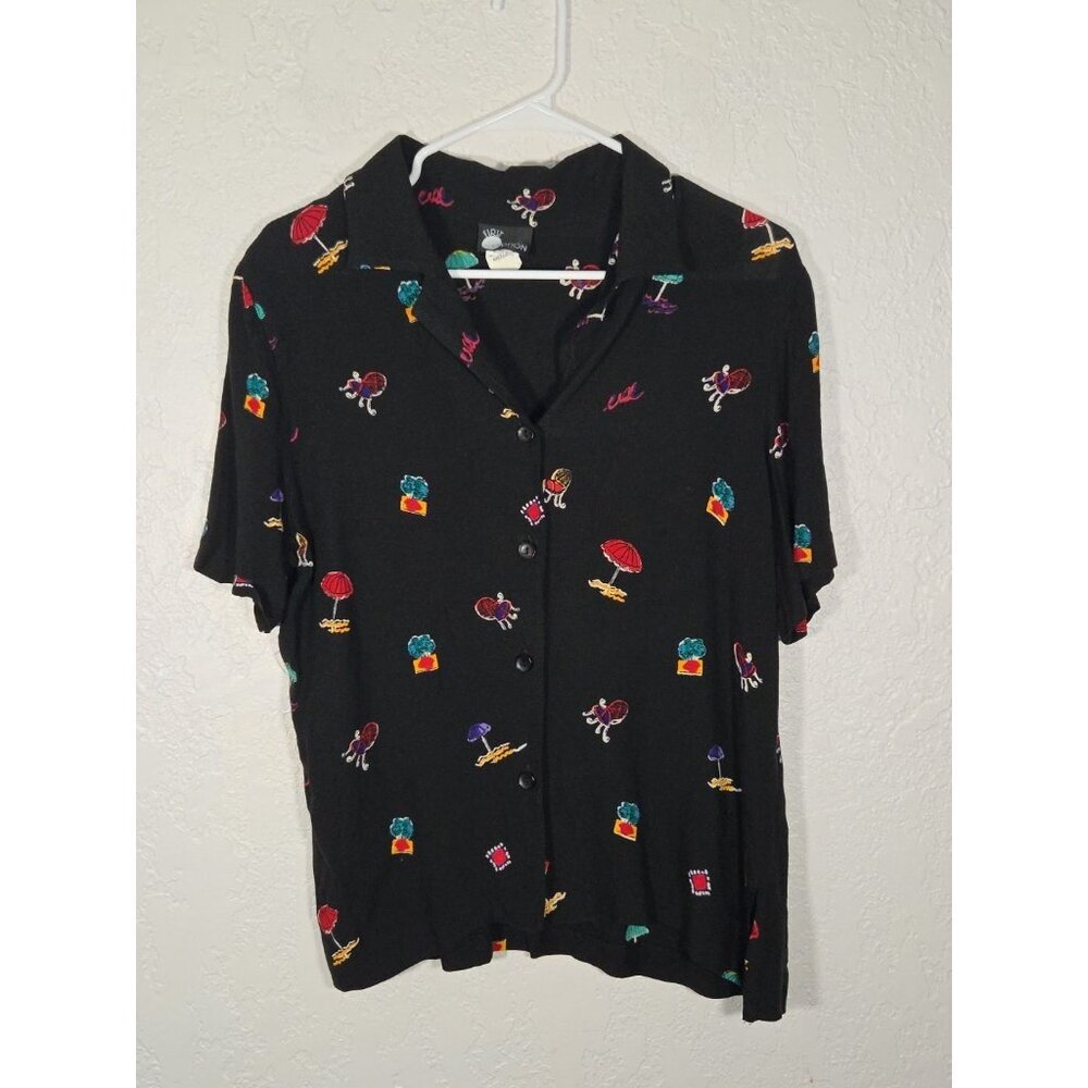 First Option Vintage Black Button Down Novelty Umbrella Chair Shirt Medium